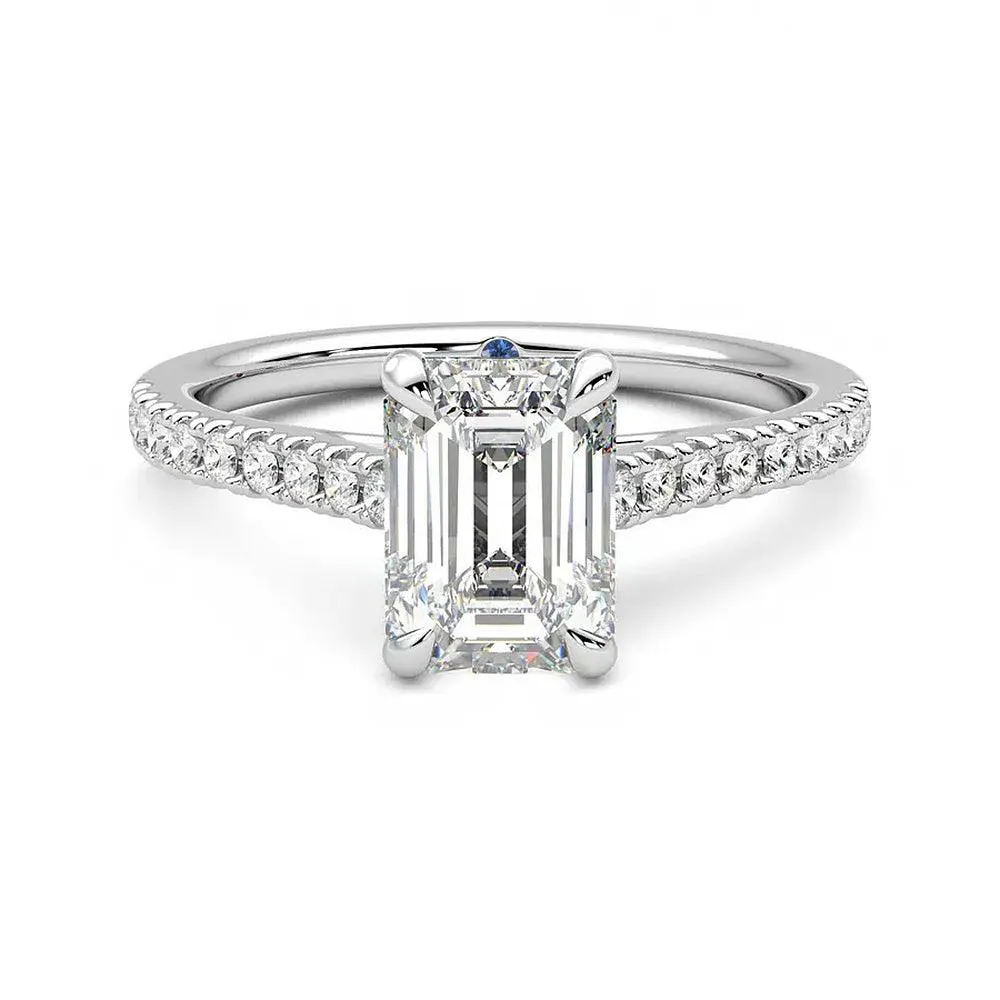 Part Of Collection Emerald Cut Moissanite Engagement Ring with Hidden Anniversary Stone and Pav?? Accents