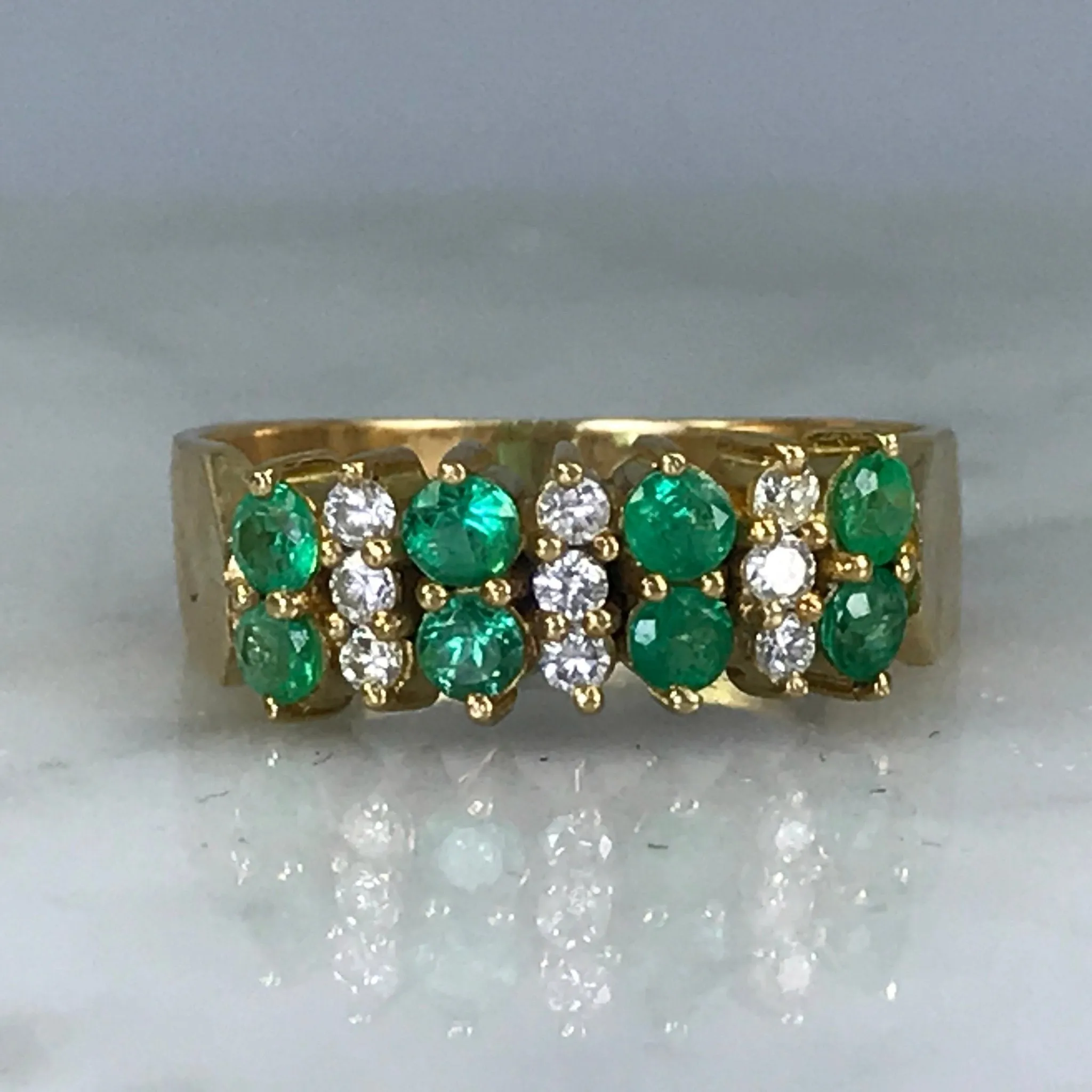Emerald Diamond Cluster Ring. 14K Yellow Gold. May Birthstone. 20th Anniversary. Appraised. Friendship Bond Etched Design