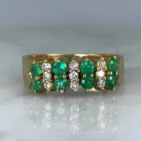 Emerald Diamond Cluster Ring. 14K Yellow Gold. May Birthstone. 20th Anniversary. Appraised. Friendship Bond Etched Design