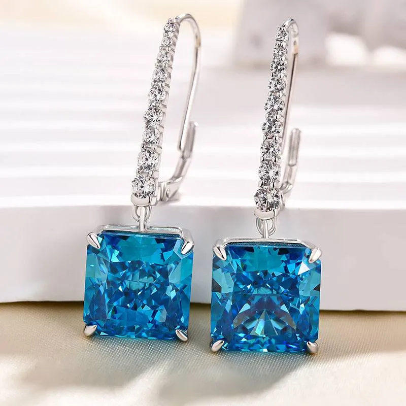 Personal Shine Louily Luxury Radiant Cut Blue Sapphire Women's Earrings In Sterling Silver