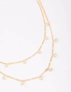 Gold Plated Brass Double Cubic Zirconia Droplet Layered Necklace Chic Accent spring look