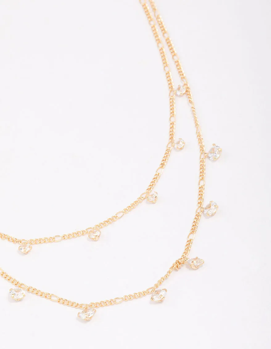 Gold Plated Brass Double Cubic Zirconia Droplet Layered Necklace Chic Accent spring look