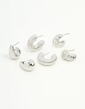 Silver Mixed Texture Hoop Earrings 3-Pack Stylish Appearance