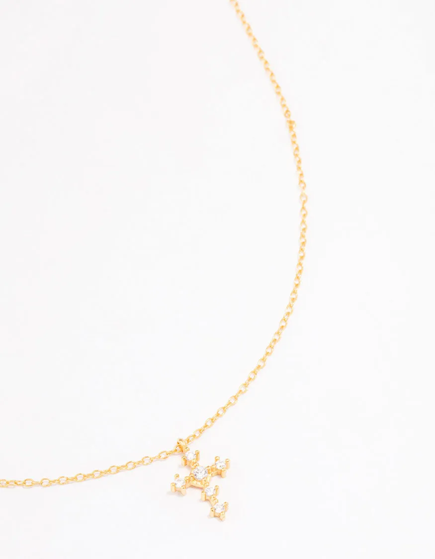 Gold Plated Sterling Silver Cubic Zirconia Round Cross Chain Necklace Casual Outfit Vacation Travel
