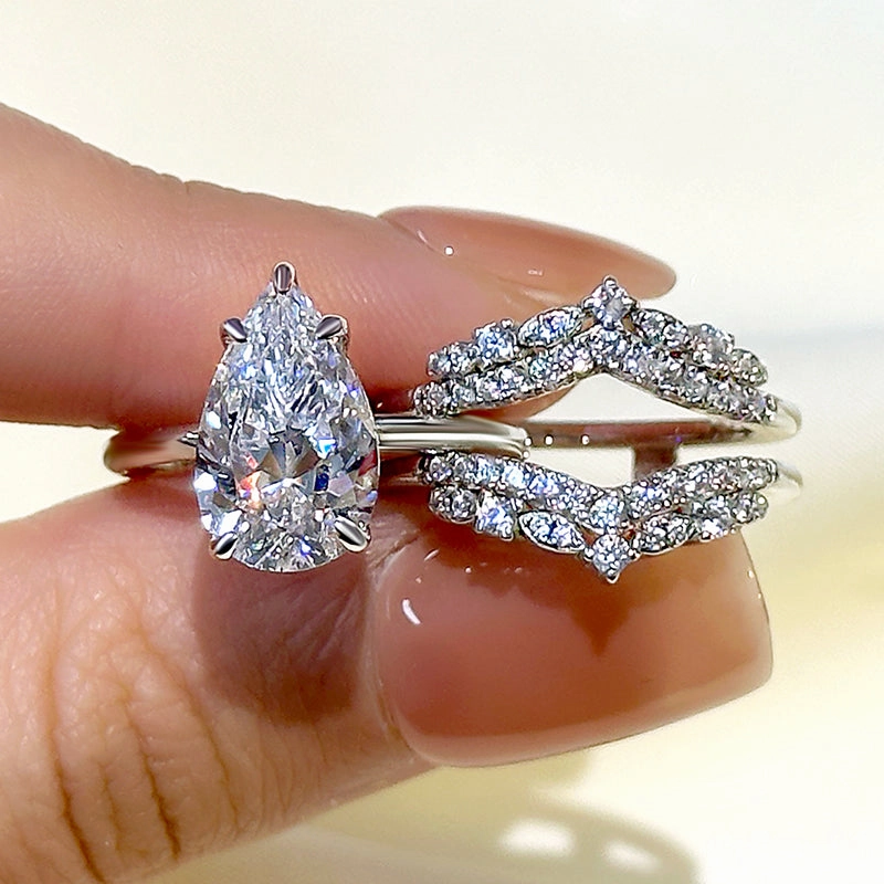 Fashion Forward Louily Vintage Pear Cut Insert Wedding Ring Set For Women In Sterling Silver