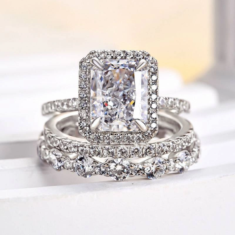 Night Ready Louily Gorgeous Halo Radiant Cut 3PC Wedding Ring Set For Women In Sterling Silver