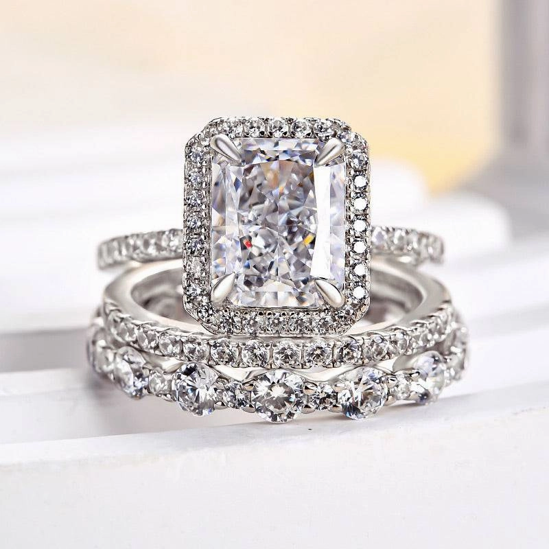 Louily Gorgeous Halo Radiant Cut 3PC Wedding Ring Set For Women In Sterling Silver Instant Style Evening Collection