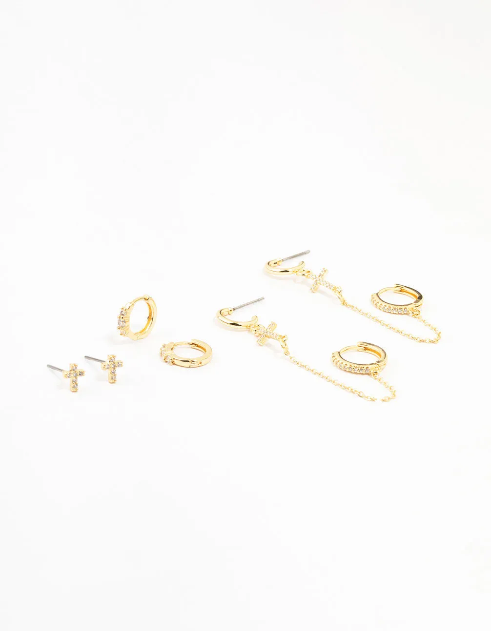 Gold Plated Brass Cross Stud & Chain Earrings 4-Pack Delicate Look Refined Essential