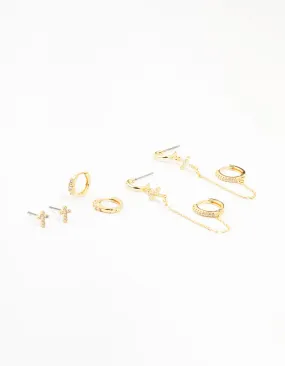 Gold Plated Brass Cross Stud & Chain Earrings 4-Pack Star-Shaped Accent