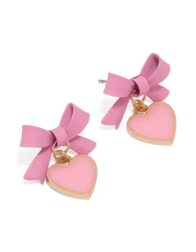 Holiday Jewelry Vintage Accessory Gold Pink Coated Metal Bow Drop Heart Stud Earrings