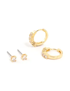 Bohemian Trinket Gold Plated Cubic Zirconia Stud & Small Hoop Earrings 2-Pack