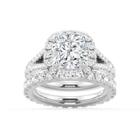Halo Cushion Cut Split Shank Moissanite Ring Set with Matching Wedding Band Luxury Geometry Attractive Appearance