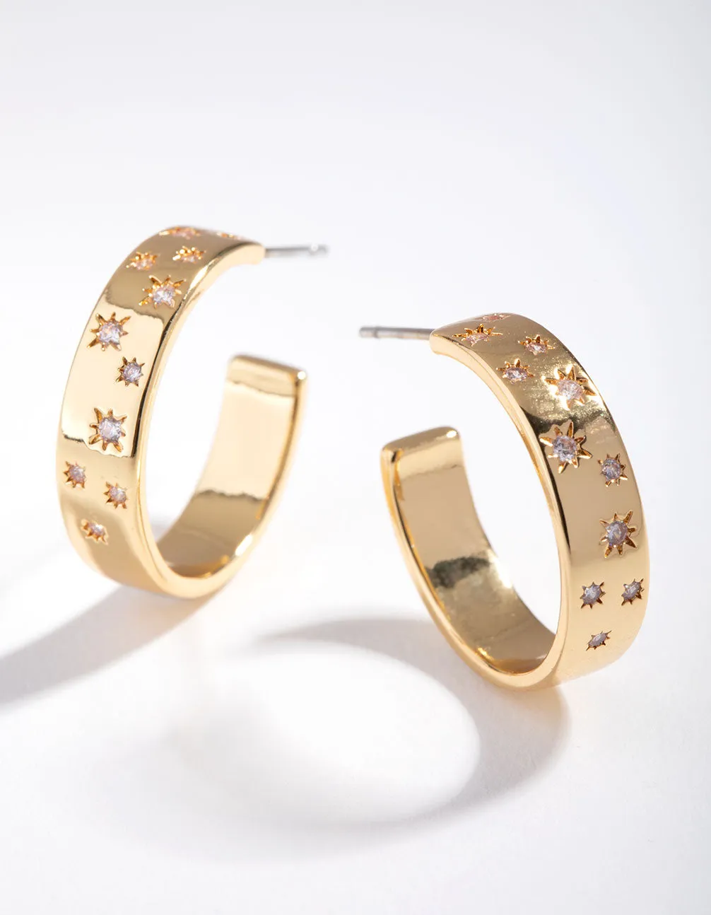 Contemporary Feature Safe Selection Gold Plated Diamante Star Hoop Earrings