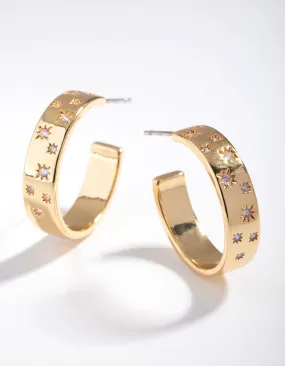 Industrial Adornment Modern Must-Have Gold Plated Diamante Star Hoop Earrings