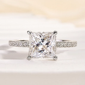 Louily Moissanite 2.0 Carat Square Princess Cut Engagement Ring Lively Accent Lush Touch