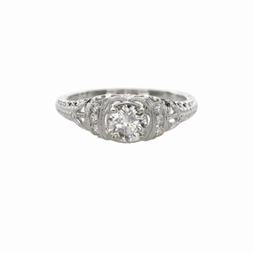 14 Karat White Gold Filigree Antique Engagement Ring (.70cttw) Candid Shot Classic Glow