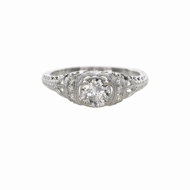 14 Karat White Gold Filigree Antique Engagement Ring (.70cttw) Candid Shot Classic Glow