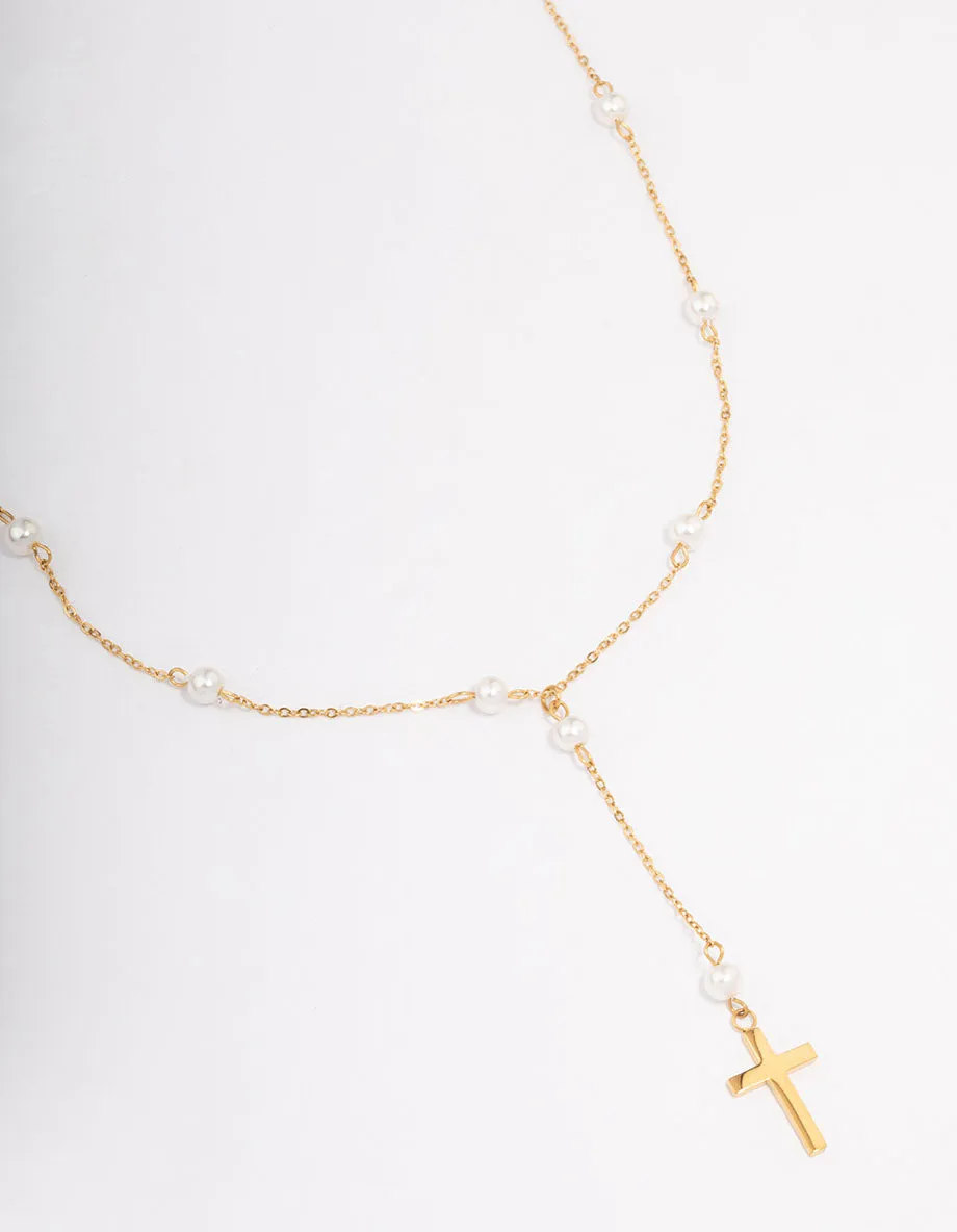 Elegant Fit Iridescent Adornment Waterproof Gold Plated Stainless Steel Pearl Station Cross Necklace