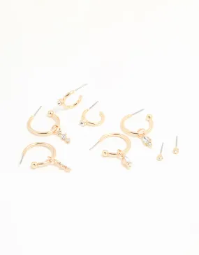 Gold Diamante Drop Huggie Earrings 4-Pack Star-Shaped Jewelry