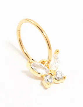 Modernist Trinket Heart-Shaped Piece Gold Plated Titanium Cubic Zirconia Butterfly Dangle Clicker Ring
