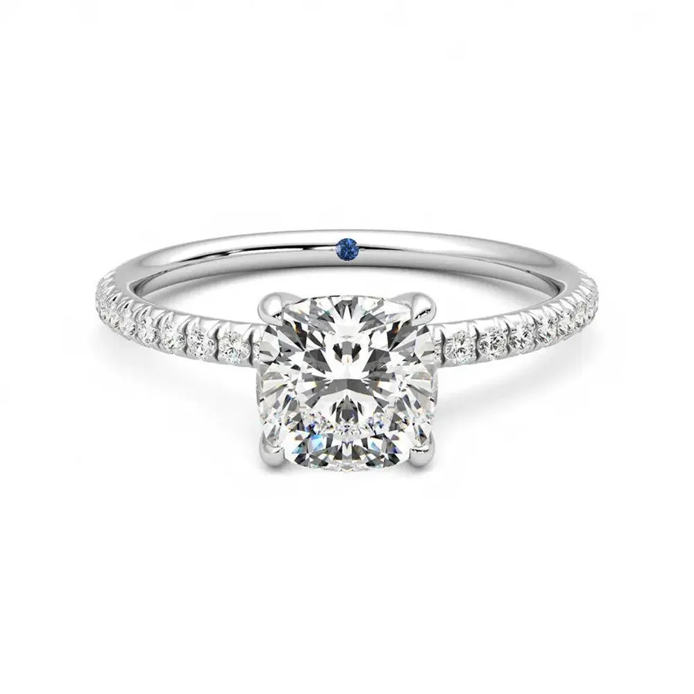Natural Source Hypoallergenic Ornament Four Prong Cushion Cut Moissanite Engagement Ring with Hidden Anniversary Stone Accent