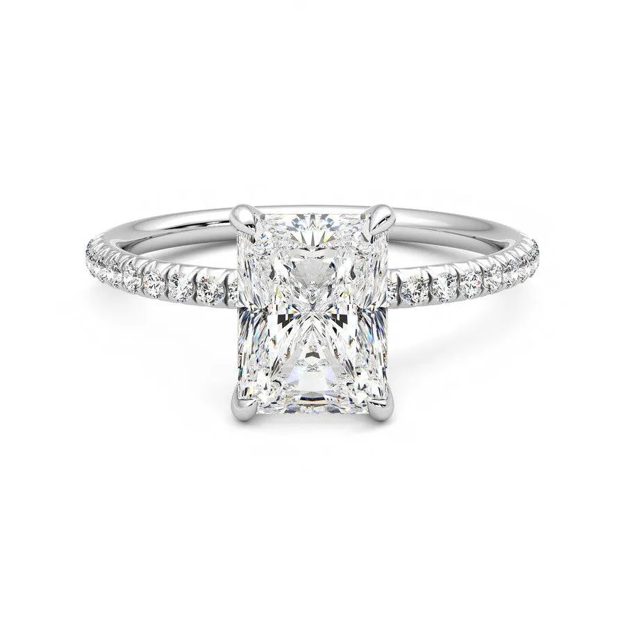 Designer Accessory Four Prong Radiant Cut Moissanite Engagement Ring with Hidden Anniversary Stone Accent