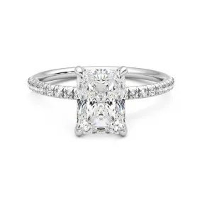 Four Prong Radiant Cut Moissanite Engagement Ring with Hidden Anniversary Stone Accent Classic Design Gloss Detail