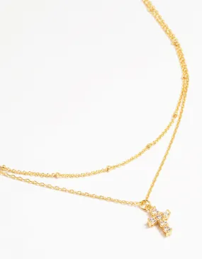 Gold Plated Brass Cubic Zirconia Mini Cross Layered Necklace Sparkling Detail Event Gift