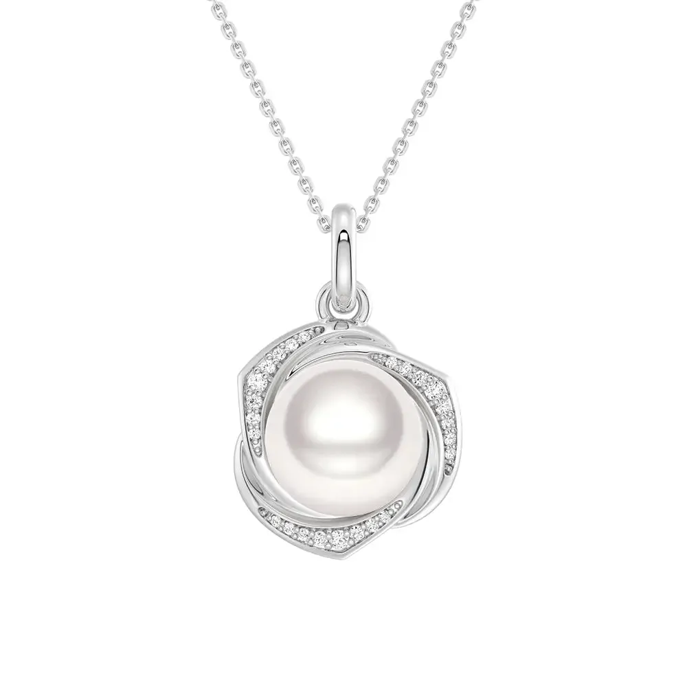 Social Piece Individual Accessory Freshwater Pearl Pendant Necklace with Diamond Floral Halo
