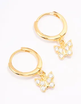 Safe Element Decorative Adornment Gold Plated Sterling Silver Cubic Zirconia Butterfly Huggie Earrings