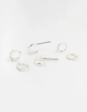 Stylish Essential Office Ornament Silver Mixed Diamante Huggie Hoop Earrings 3-Pack