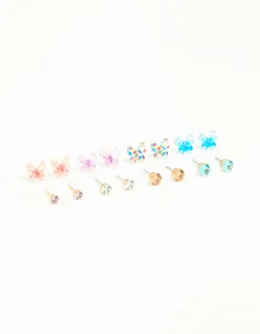 Gold Diamante & Butterfly Stud Earrings 8-Pack Office Ornament Dull Jewelry
