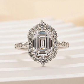 Vibrant Shine Finish Louily Vintage Halo Emerald Cut Engagement Ring In Sterling Silver