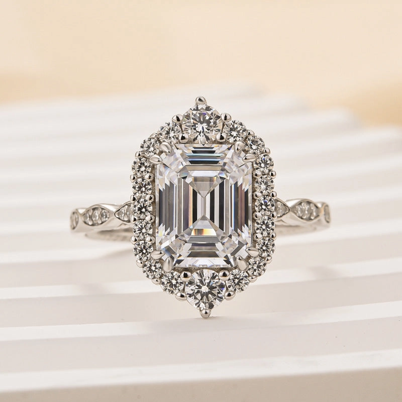 Subtle Finish Louily Vintage Halo Emerald Cut Engagement Ring In Sterling Silver
