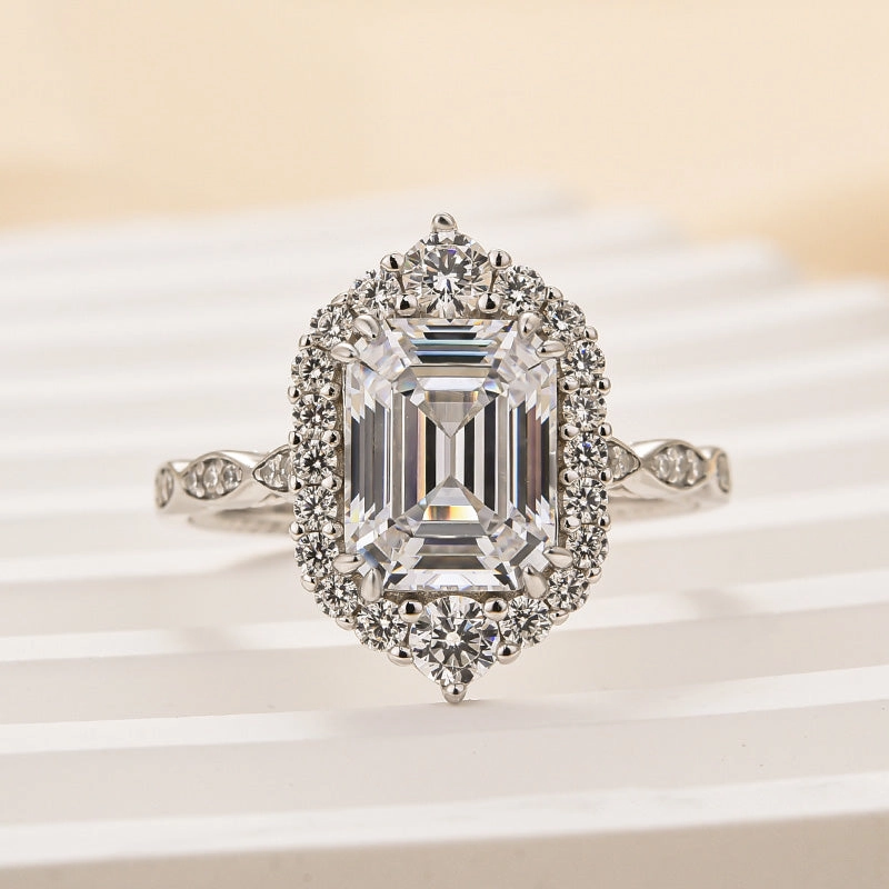 Louily Vintage Halo Emerald Cut Engagement Ring In Sterling Silver Spark Touch Luxe Accent