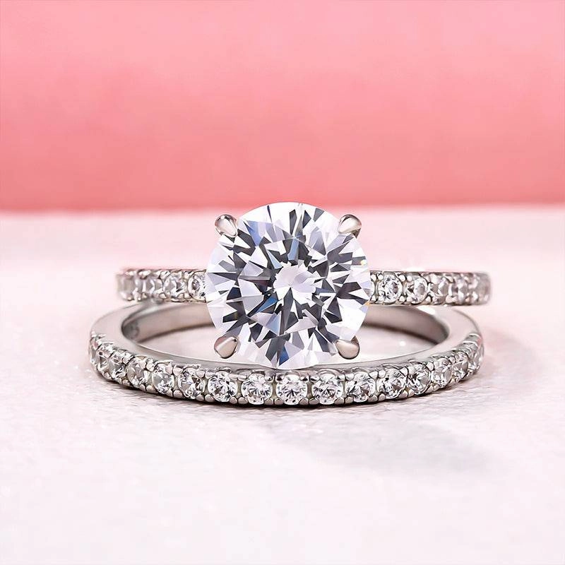 Louily Rose Gold Classic Round Cut Wedding Ring Set Monochrome Look Timeless Line