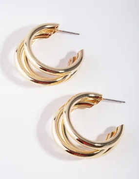 Cute Ornament Gold 3-Row Hoop Earrings