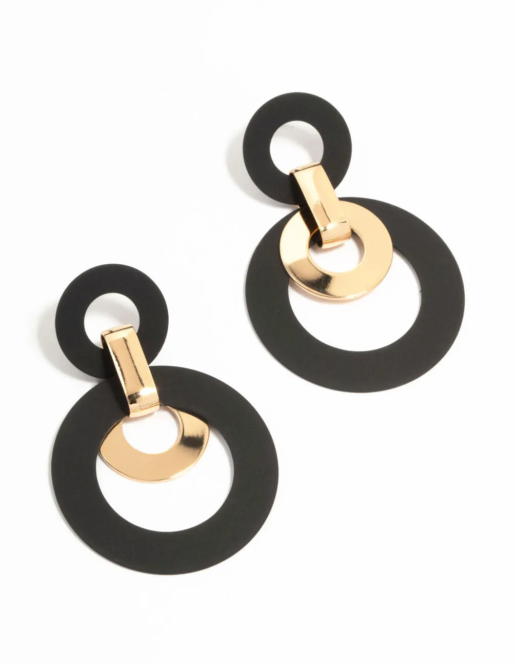 Gold & Black Circle Drop Earrings Big Embellishment