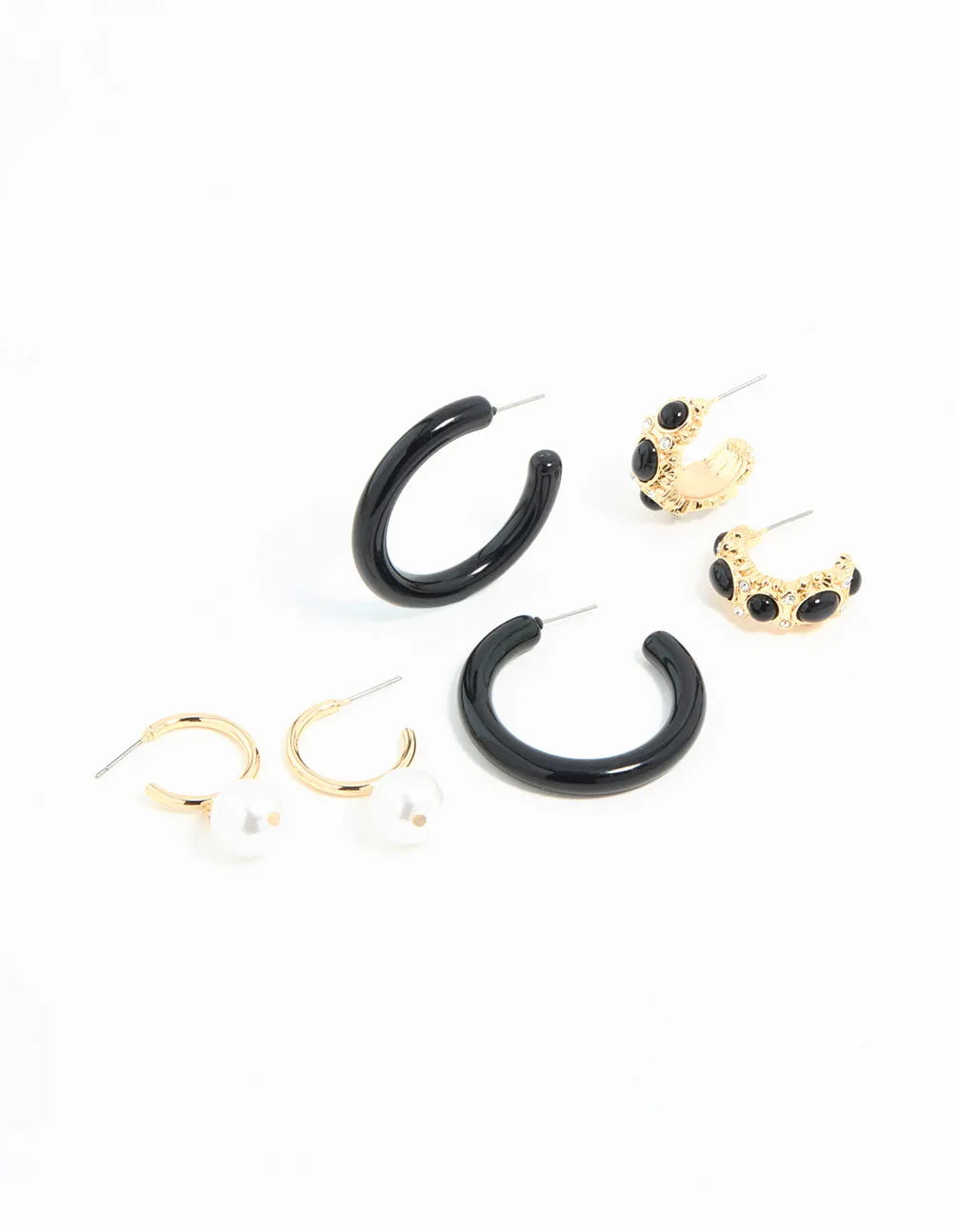 Gold & Dark Blue Pearl  Drop Hoop Earrings 3-Pack Modern Item