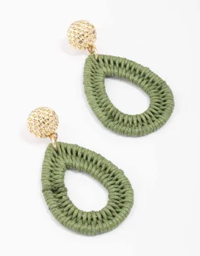 Chic Adornment Gold & Green Oval Raffia Stud Drop Earrings