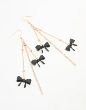 Social Accent Vintage Ornament Gold Black Bow Chain Drop Earrings