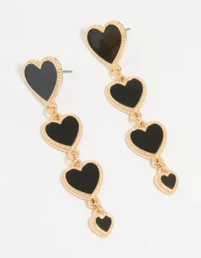 Gold Black Heart Tiered Drop Earrings Shiny Embellishment Contemporary Decoration