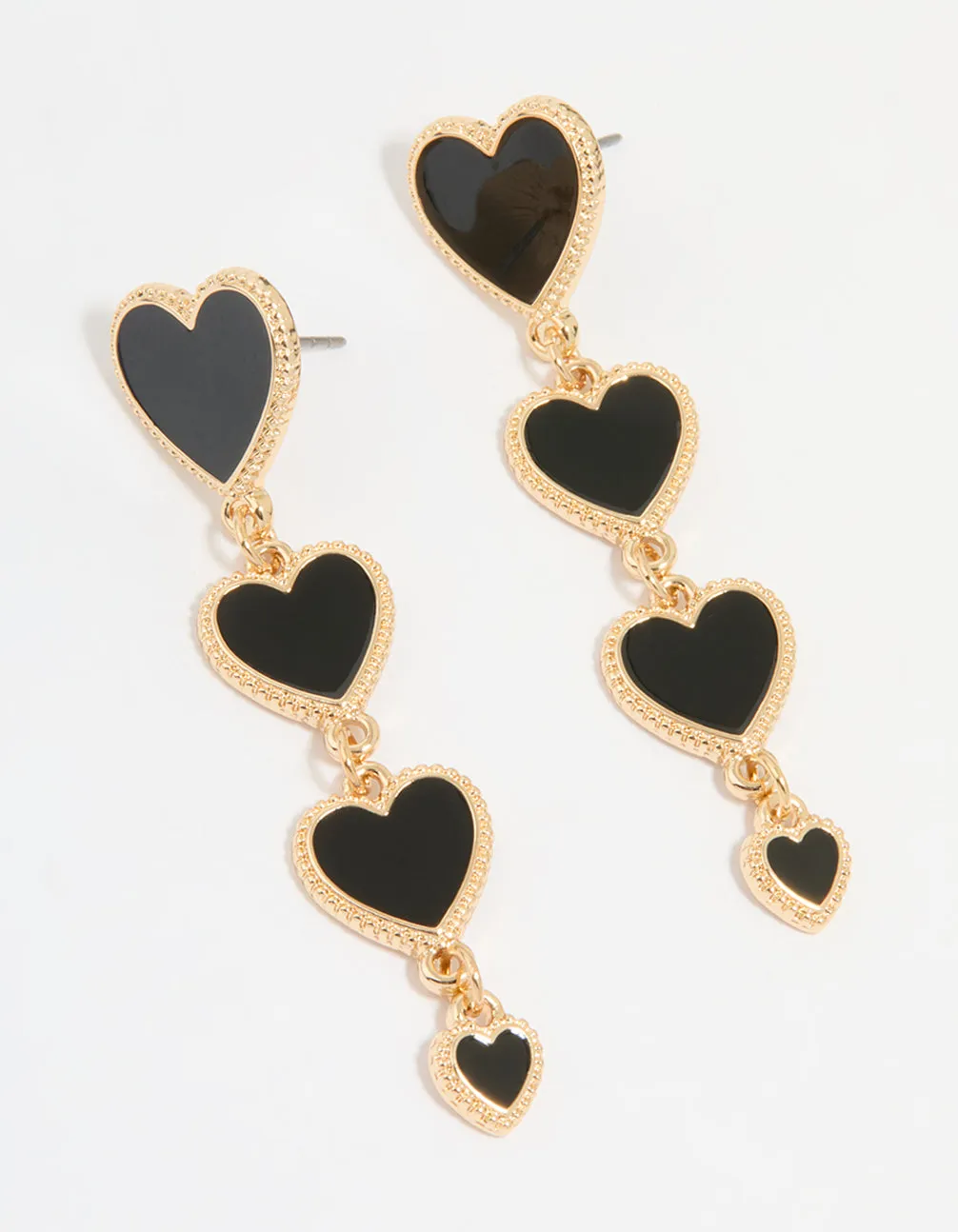 Gold Black Heart Tiered Drop Earrings Shiny Embellishment Contemporary Decoration