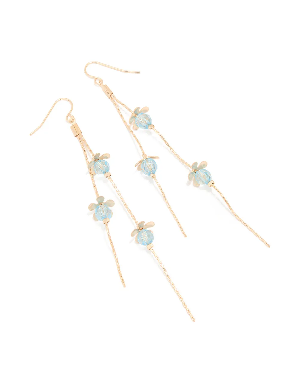 Gold Blue Beaded Flower Chain Drop Earrings Vibrant Jewelry