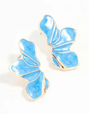 Modernist Trinket Gold Blue Half Flower Stud Earrings