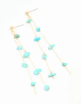 Lightweight Adornment Gold Blue Semi Precious Stone Statement Chain Drop Earrings