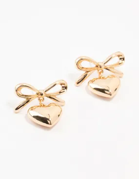 Shiny Choice Decorative Embellishment Gold Bow & Puffy Heart Drop Earrings
