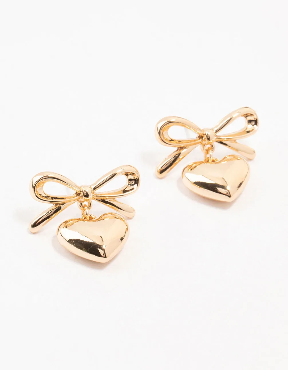 Graceful Appearance Gold Bow & Puffy Heart Drop Earrings
