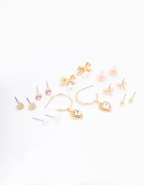 Gold Bow Flower & Pearl Earring 8-Pack Beautiful Aesthetic