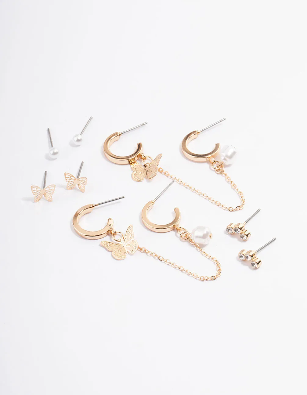 Gold Butterfly Pearl Stacker Earrings 5-Pack Triangular Accessory